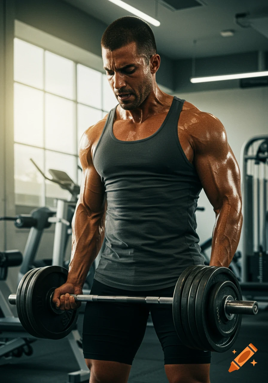 Muscular man lifting weights in a gym