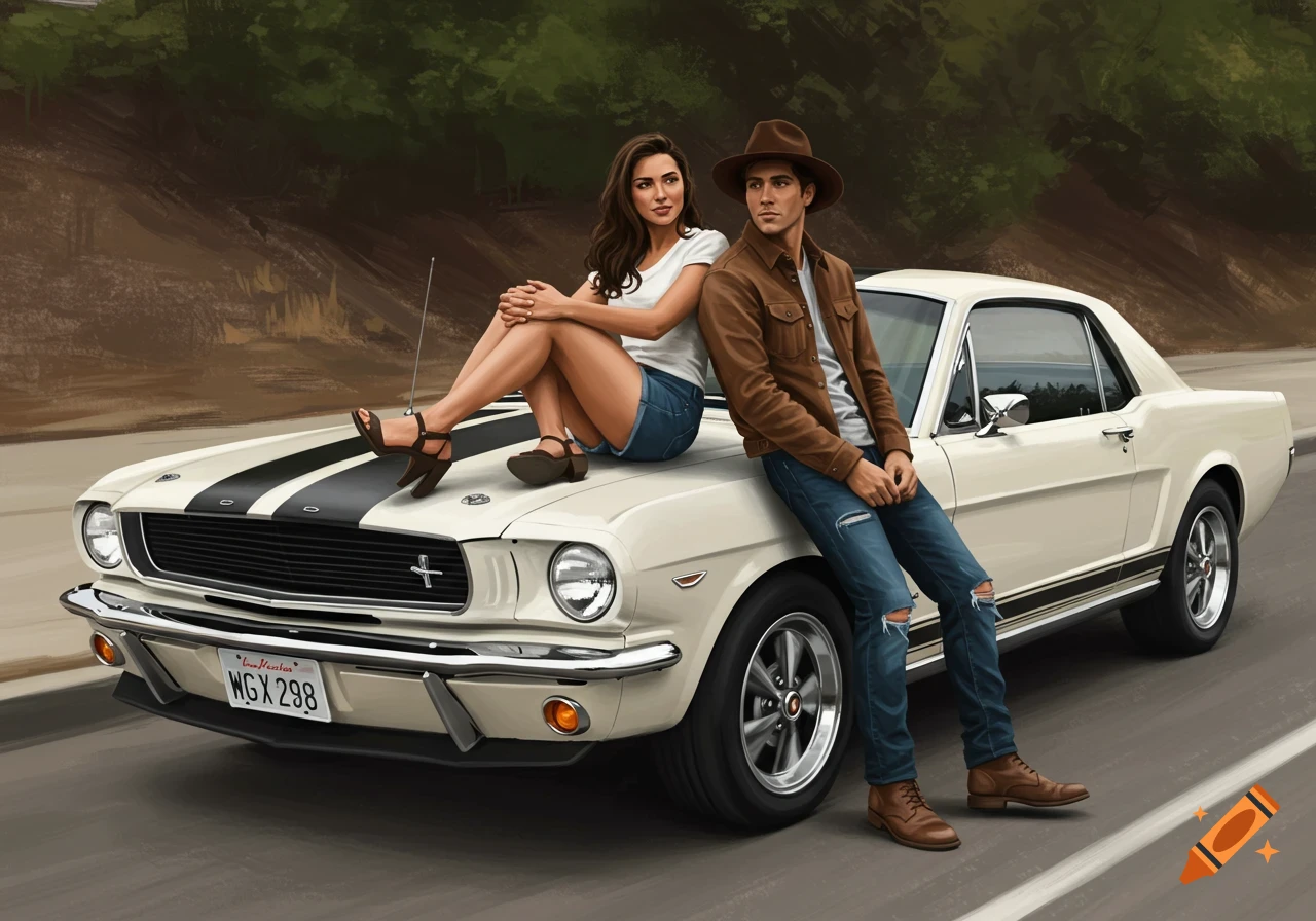A couple sits on the hood of a white classic Ford Mustang on the side of a road in a painterly style.