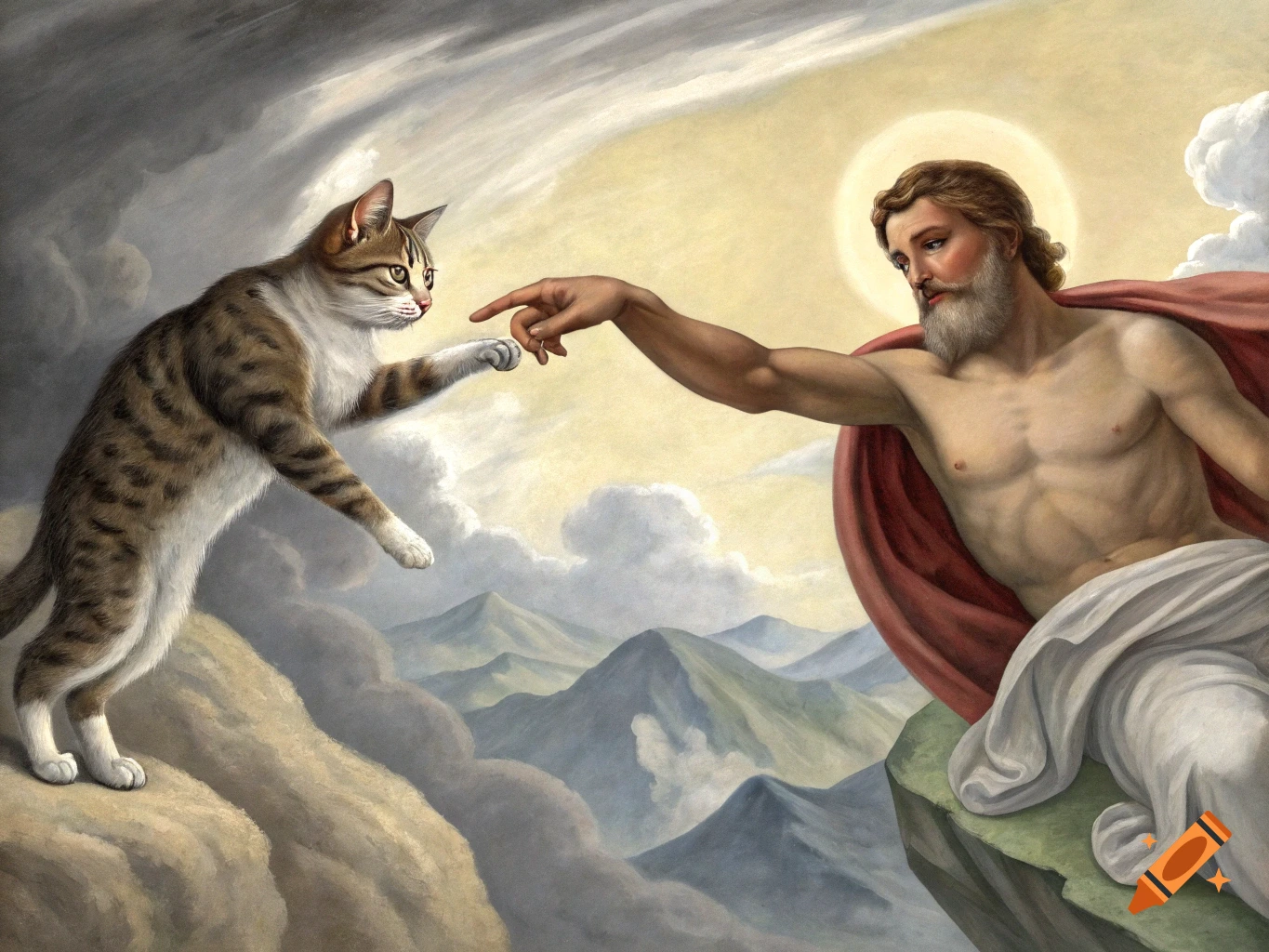 Painting of a cat reaching out to touch the finger of a figure resembling God, in the style of the Creation of Adam.