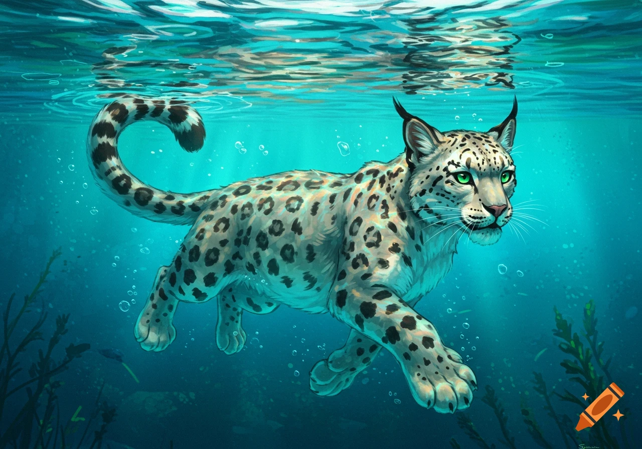A spotted snow leopard with green eyes swims gracefully underwater.