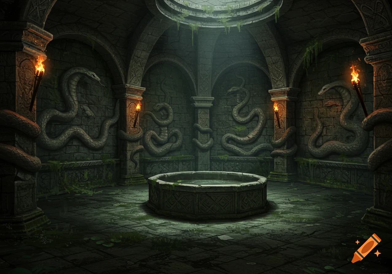 A dark fantasy dungeon room with carved snakes on the walls and a circular stone fountain in the center.