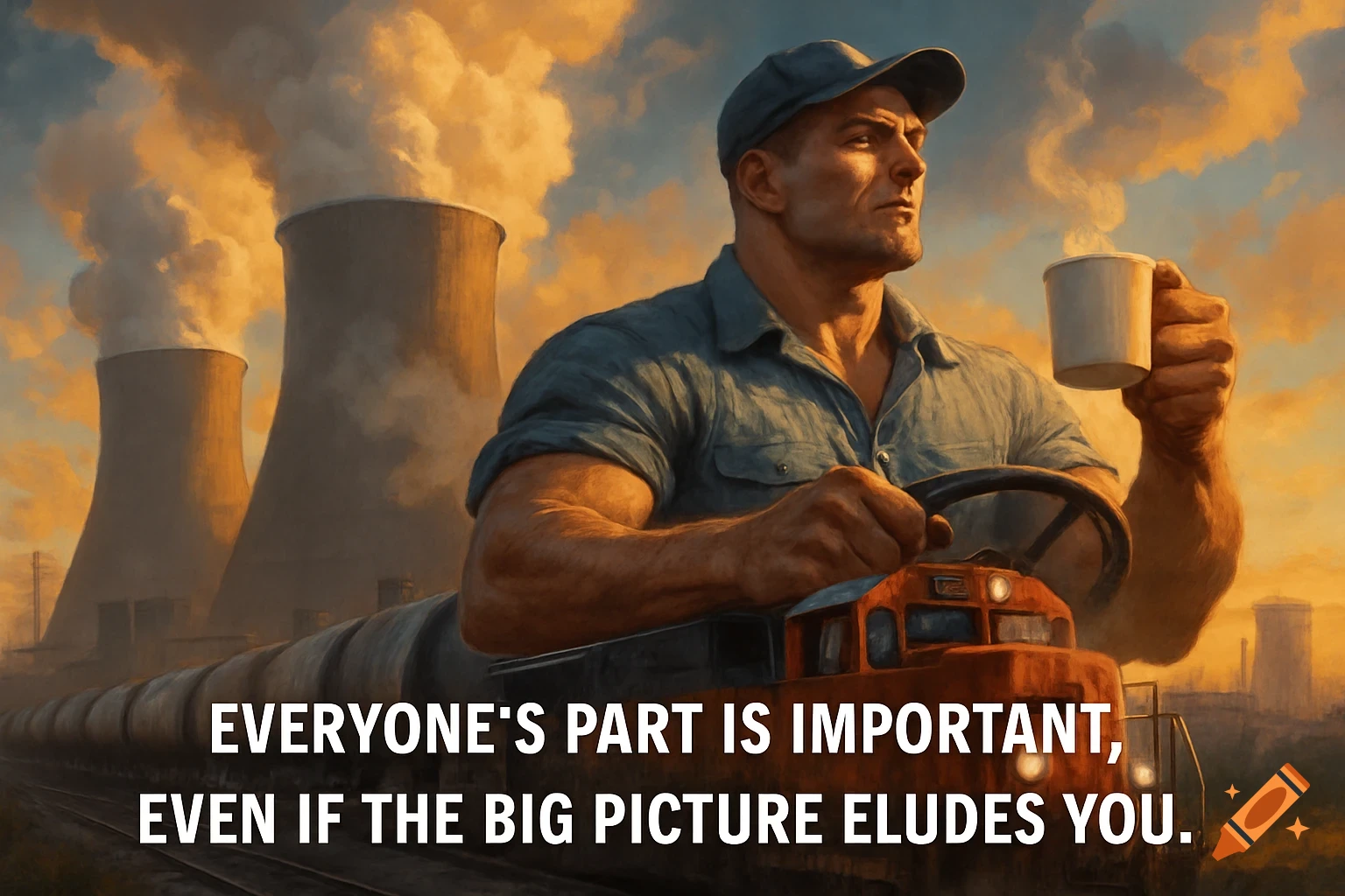 Muscular man in cap drives train past power plant at sunset, holding coffee. Text overlay: "Everyone's part is important..."