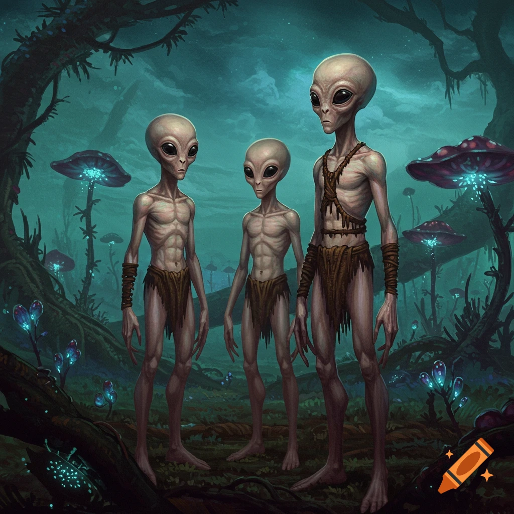 Three grey aliens with large eyes stand in a dark, swampy forest with glowing fungi, digital art.