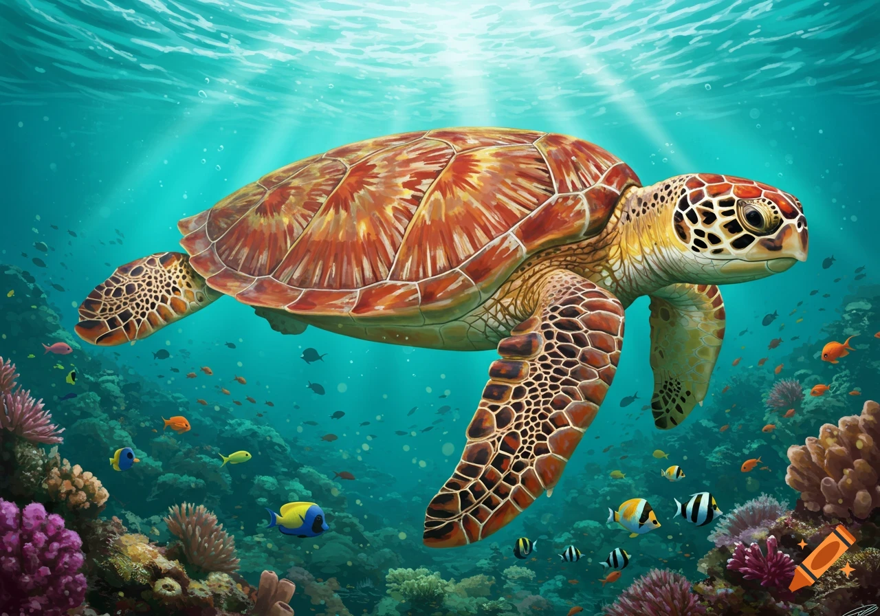 A sea turtle swims in a vibrant coral reef with many colorful fish.