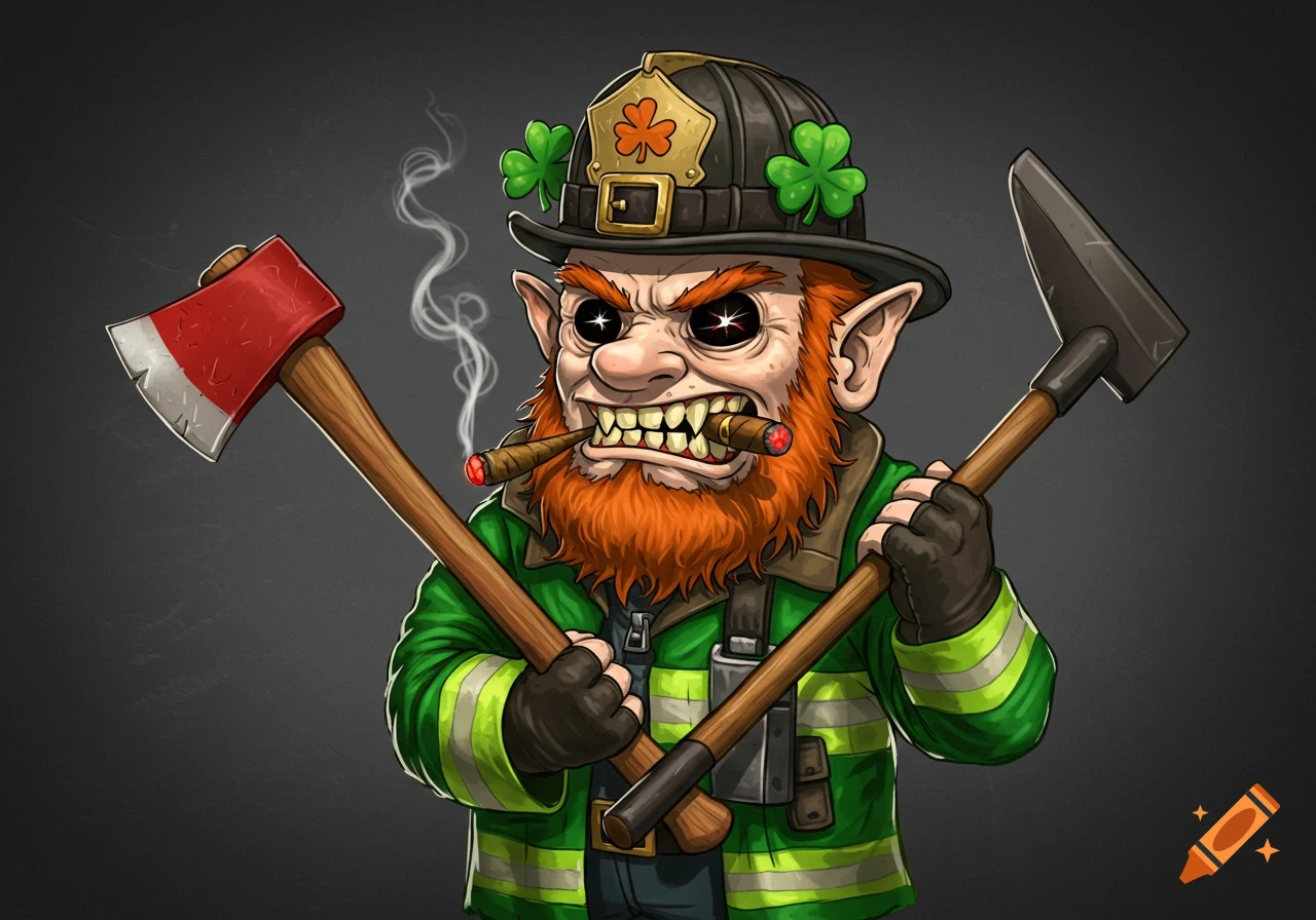 A cartoon leprechaun in a firefighter jacket and helmet, holding an axe and a halligan, smoking two cigars.