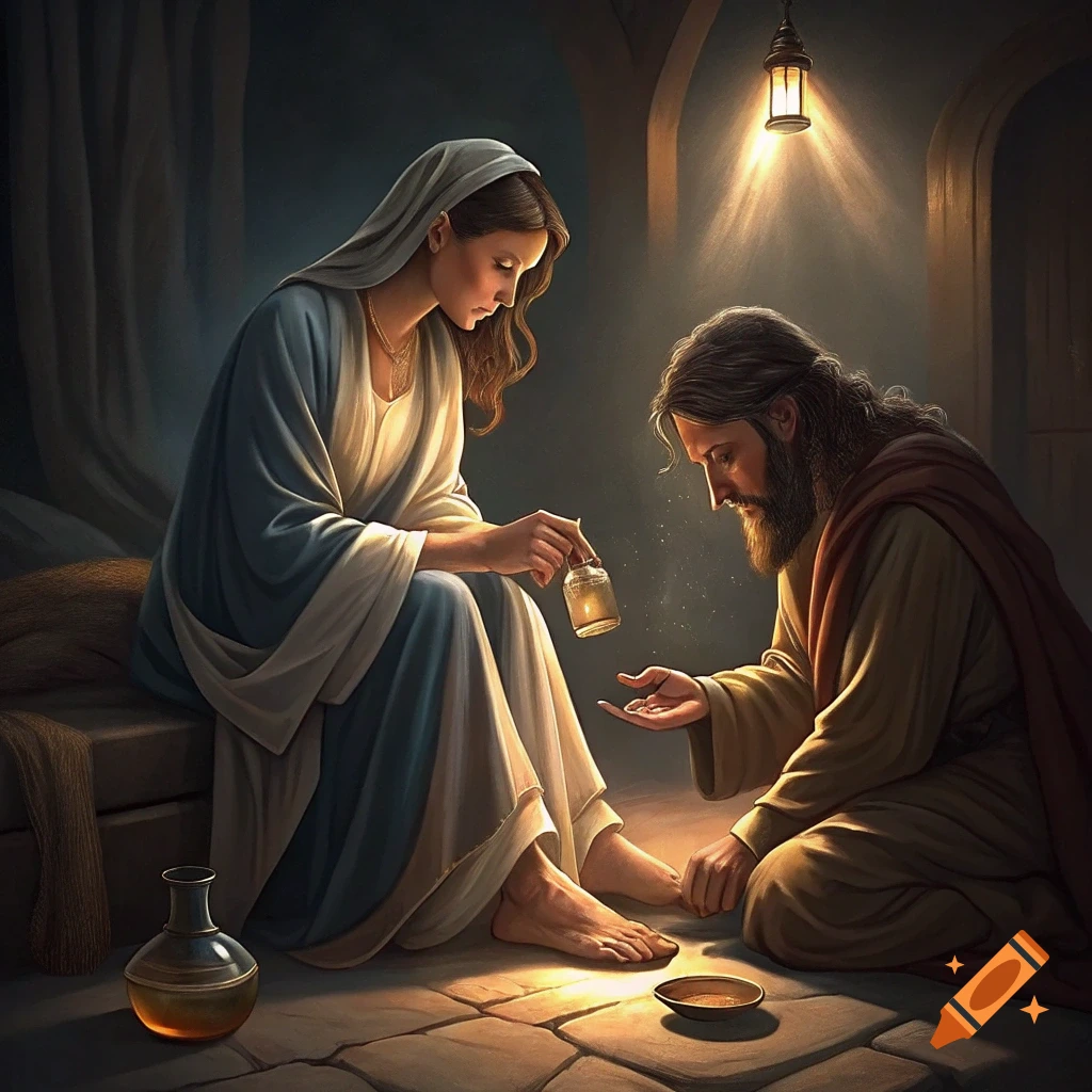 A woman pours liquid from a bottle onto a kneeling man's foot in a dimly lit room, depicting a religious scene.