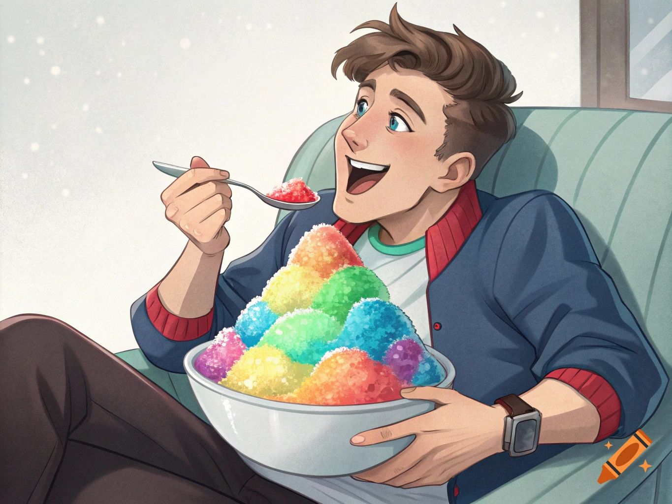 A young man happily eating a large bowl of colorful shaved ice with a spoon.