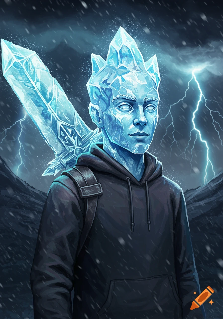 Illustration of a person with an ice head and a large ice sword in a stormy mountain landscape
