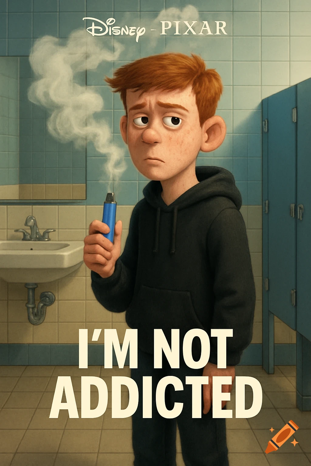 Pixar style poster of a sad teenage boy vaping in a bathroom with text 'I'M NOT ADDICTED'.