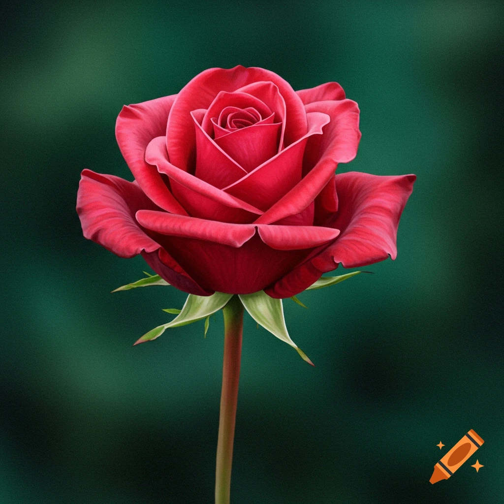 A vibrant red rose stands on a stem against a dark, blurry background.