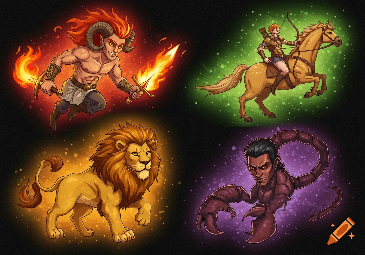 Four fantasy zodiac characters in a cartoon style: Aries warrior, Sagittarius centaur, Leo, and Scorpio.