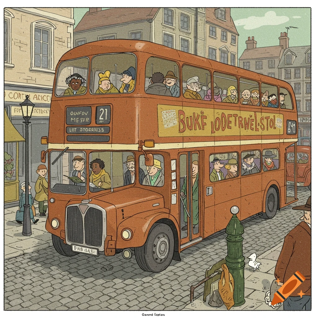 Illustration of a double-decker bus on a city street with passengers, in the style of Gerard Laplau.
