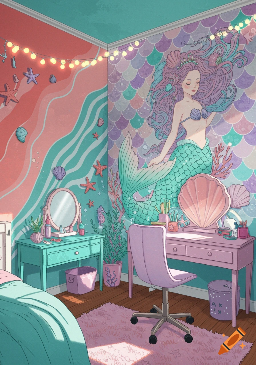 Illustration of a teal and pink room with a large mermaid mural, desk, and bed.