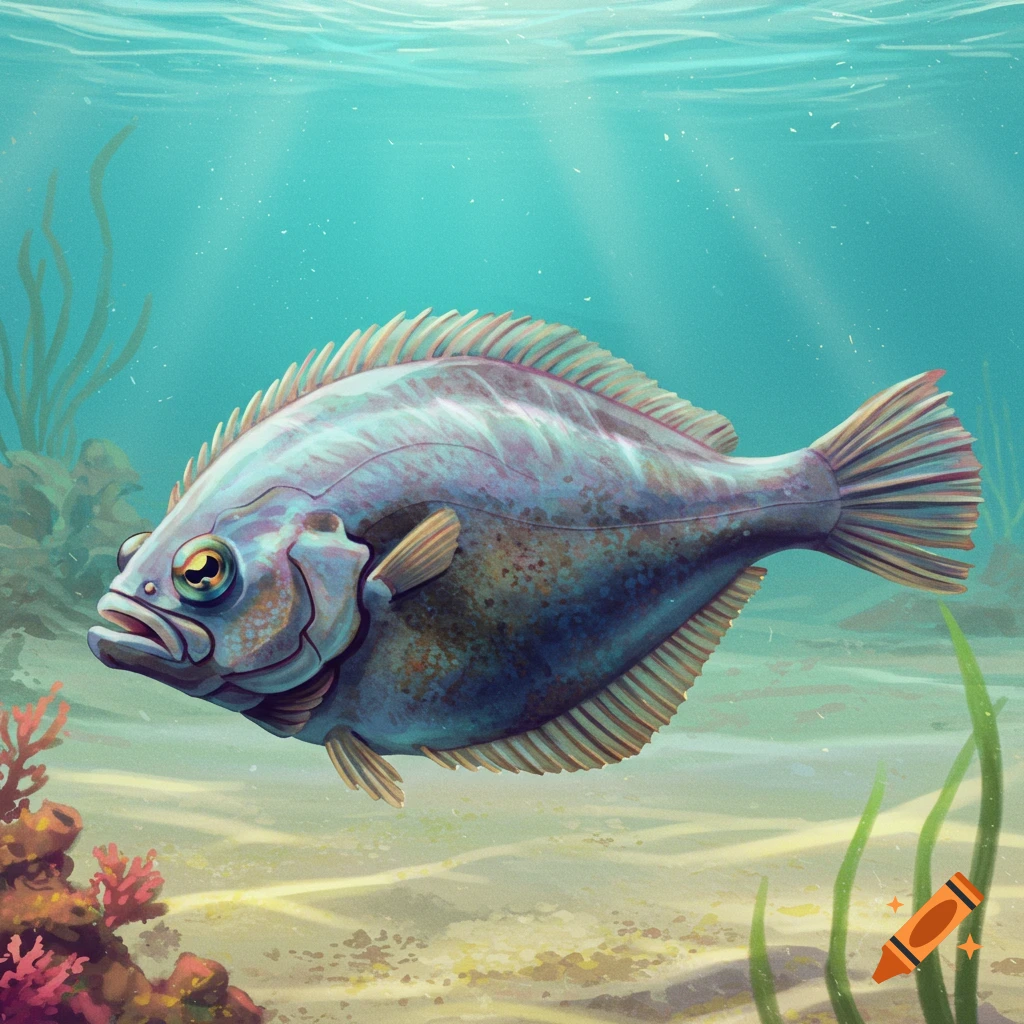 A fish swims underwater near coral and plants in a digital illustration.