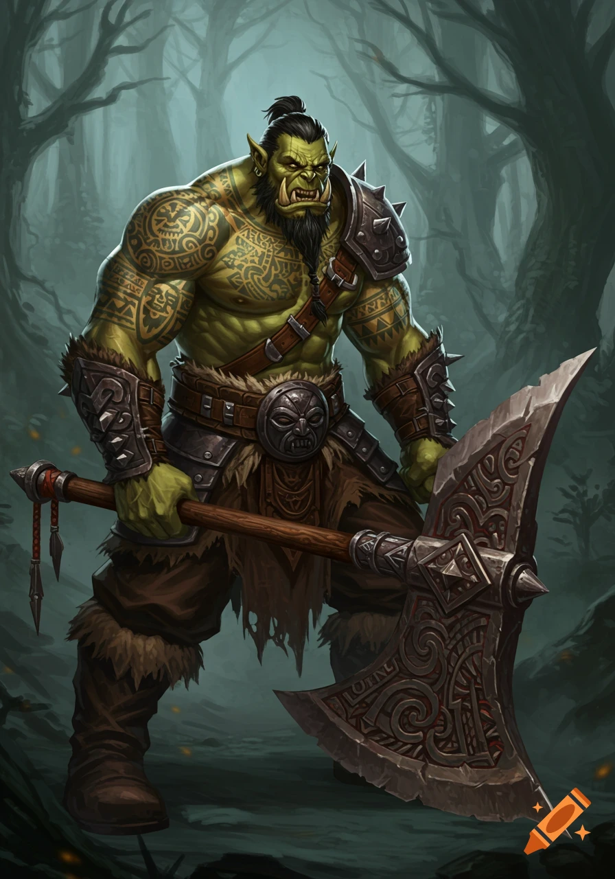 Muscular orc warrior with tattoos holding a large axe in a forest.