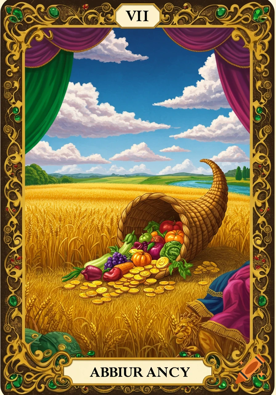 Tarot card illustration of a cornucopia spilling fruits, vegetables, and gold coins in a wheat field.