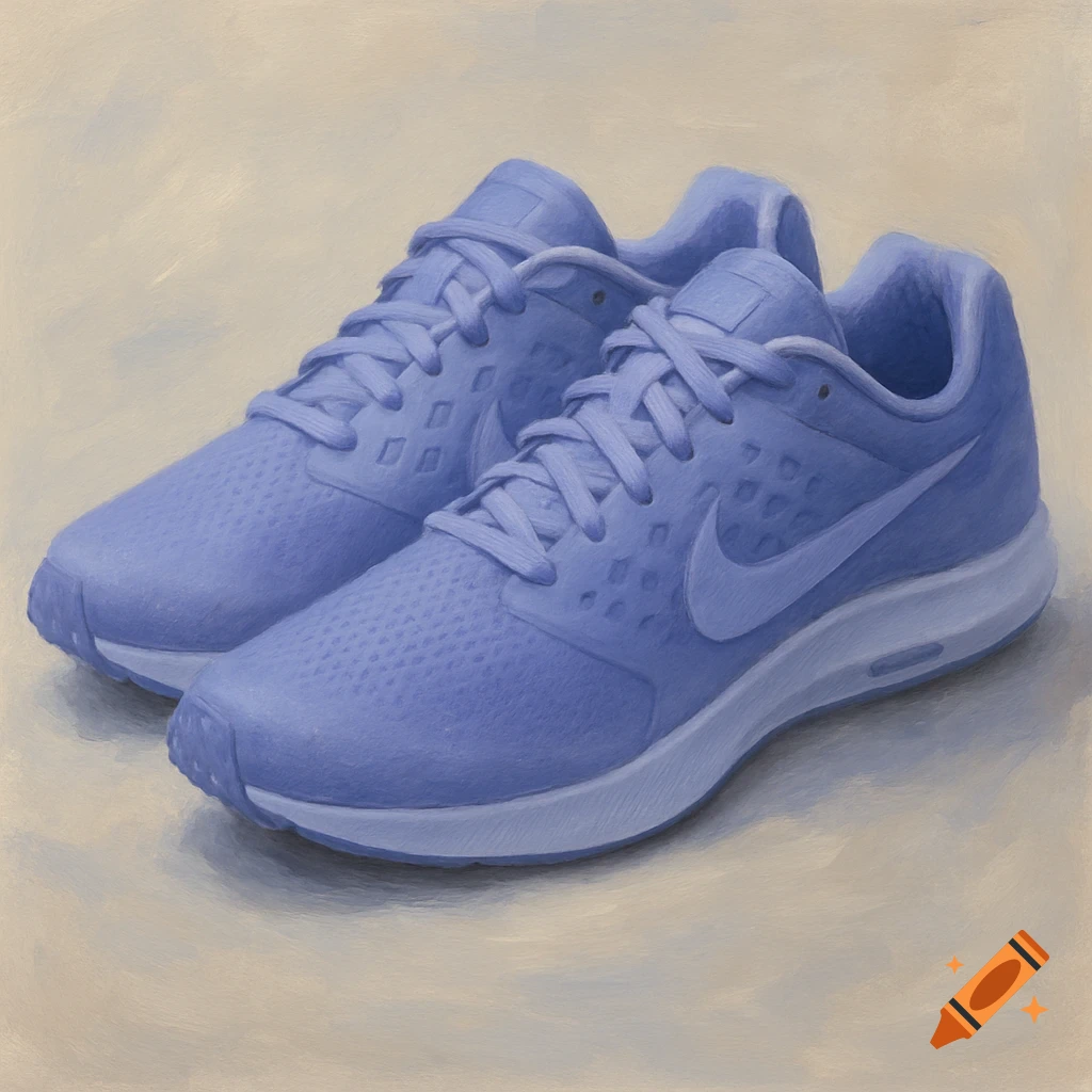 Pair of periwinkle blue Nike running shoes in a painterly style