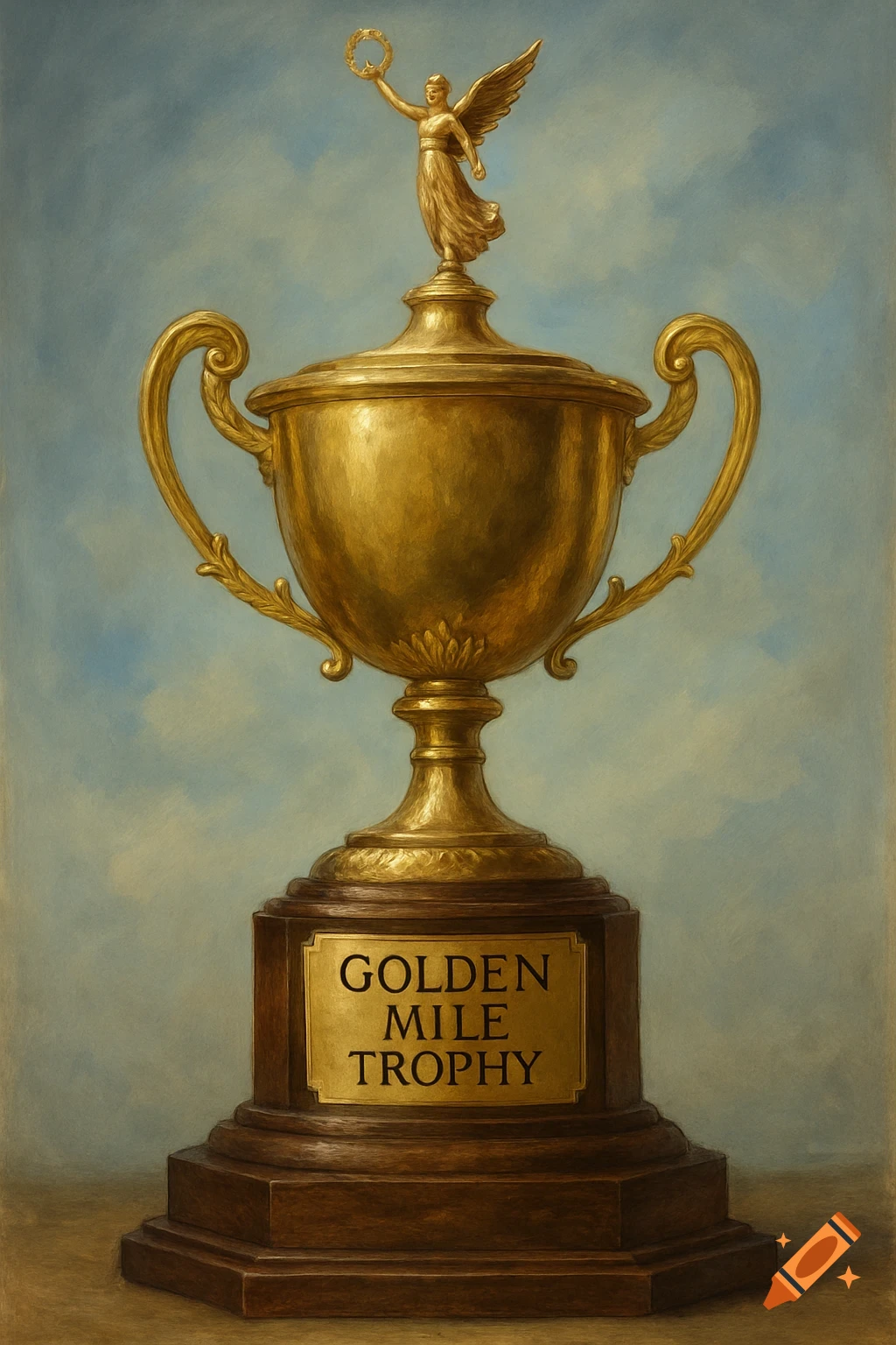A large golden trophy with an angel figure on top and a plaque that reads 'GOLDEN MILE TROPHY', painted style.