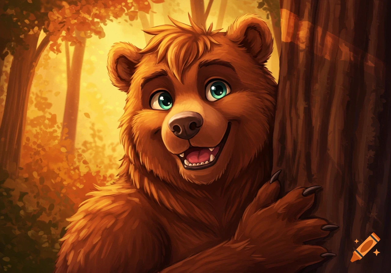A cartoon bear peeking from behind a tree in an autumn forest