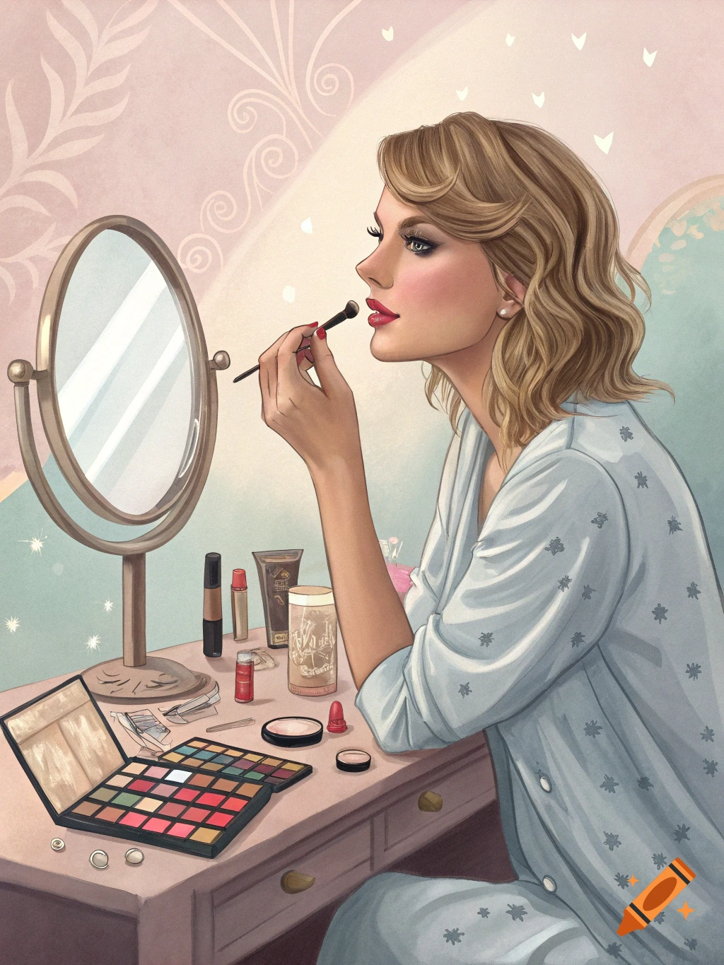 Illustration of Taylor Swift applying makeup at a vanity, detailed art style.