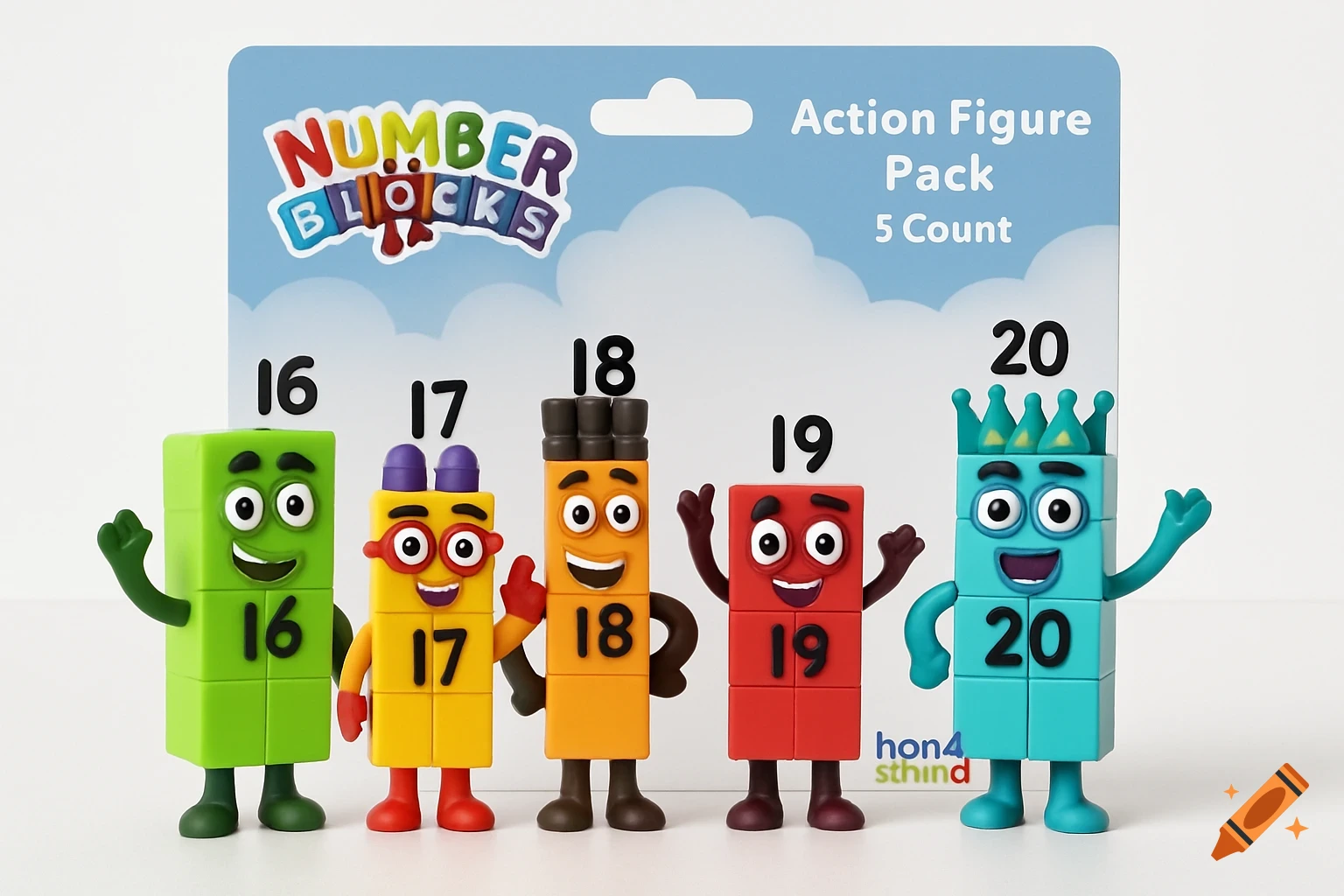 Numberblocks action figures 16, 17, 18, 19, and 20 in a product pack.