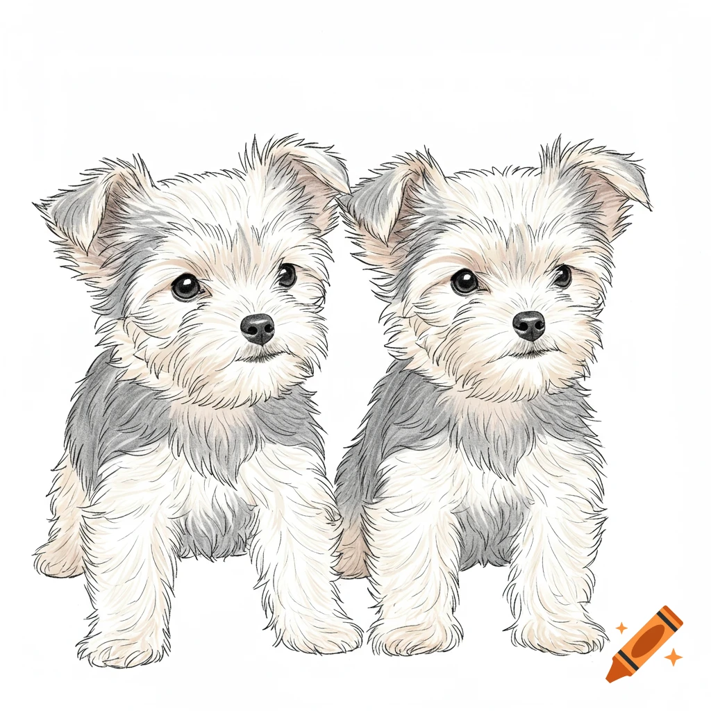Two sketched Yorkshire Terrier puppies sitting