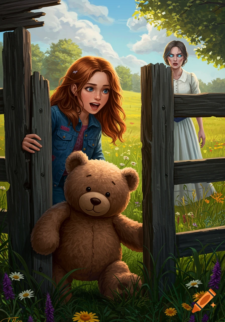 Illustration of a girl and teddy bear hiding behind a fence from a woman in a sunny field.
