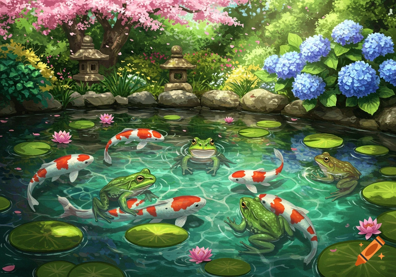 Frogs and koi fish swim in a Japanese garden pond with lily pads, cherry blossoms, and hydrangeas, painted style.