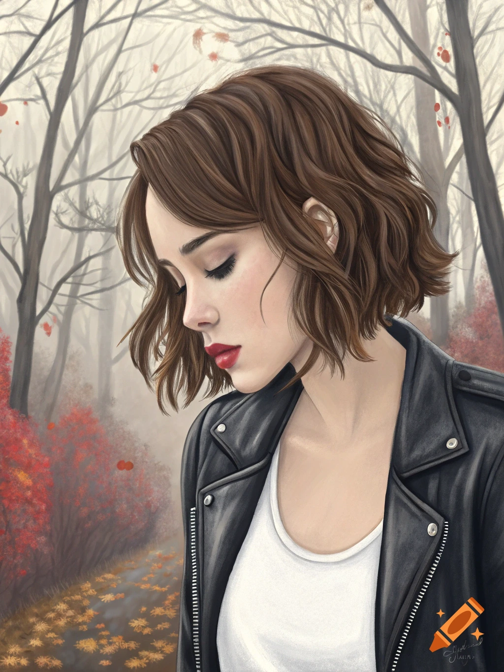 Digital painting of a woman in a leather jacket looking down in an autumn forest.