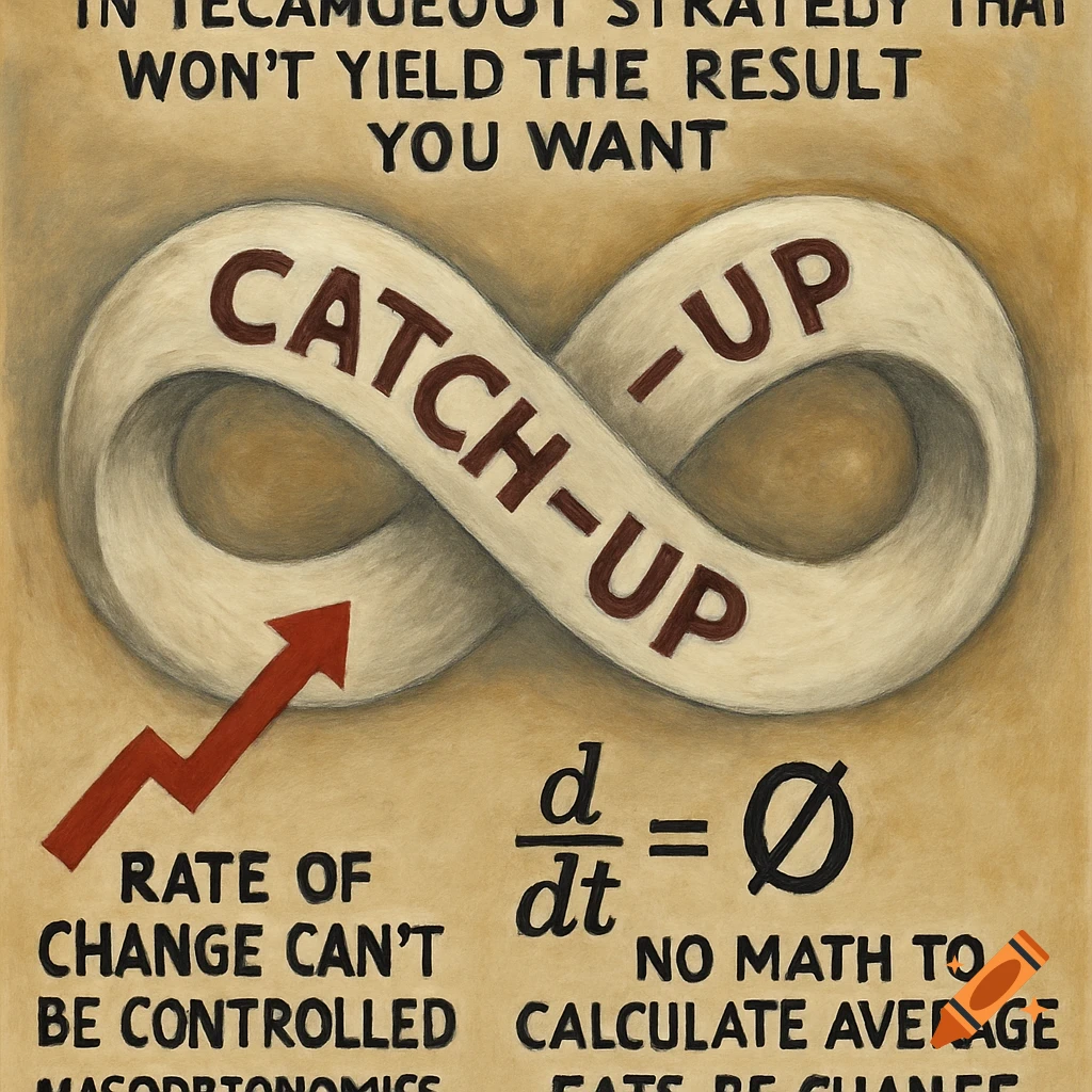 A diagram with an infinity symbol labeled "CATCH-UP", an upward arrow labeled "RATE OF CHANGE CAN'T BE CONTROLLED", and a math formula "d/dt = ". Text at the top reads "...STRATEGY THAT WON'T YIELD THE RESULT YOU WANT". The style resembles a colored pencil drawing.