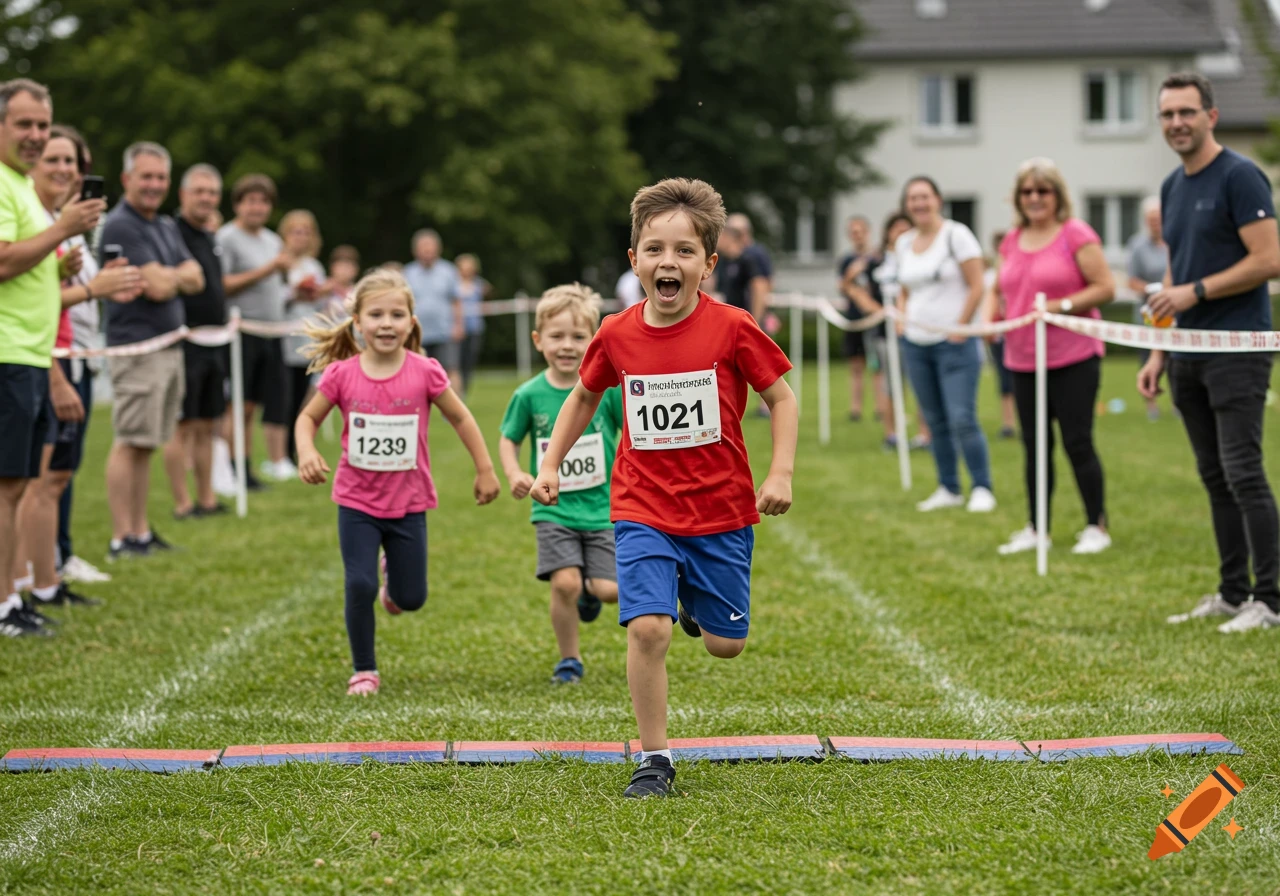 Three young children run towards the finish line during a race while adults watch.