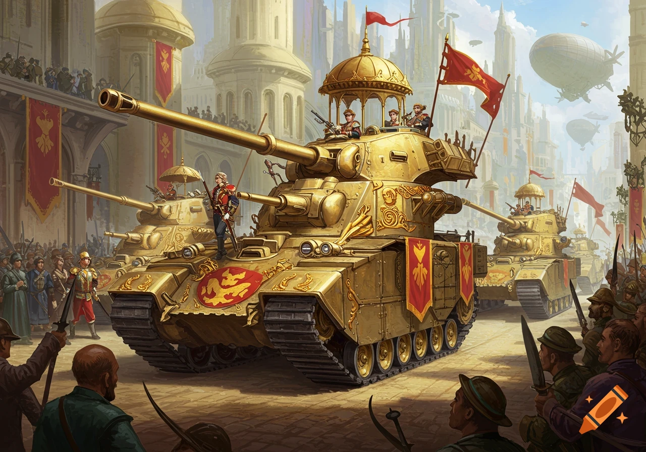 Golden fantasy tanks parade through a city street with soldiers and airships.