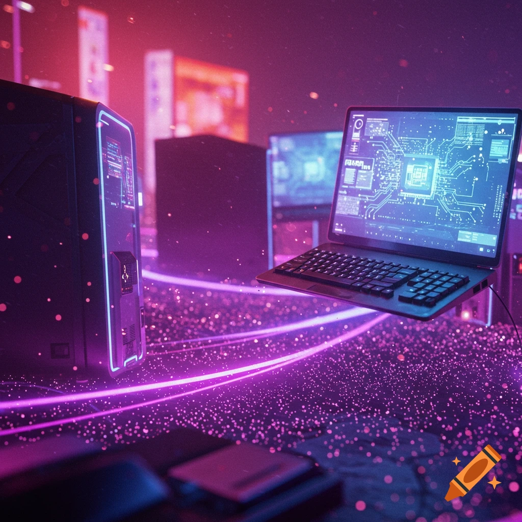 A computer tower and a floating laptop in a neon-lit city with glowing purple light trails and particles.
