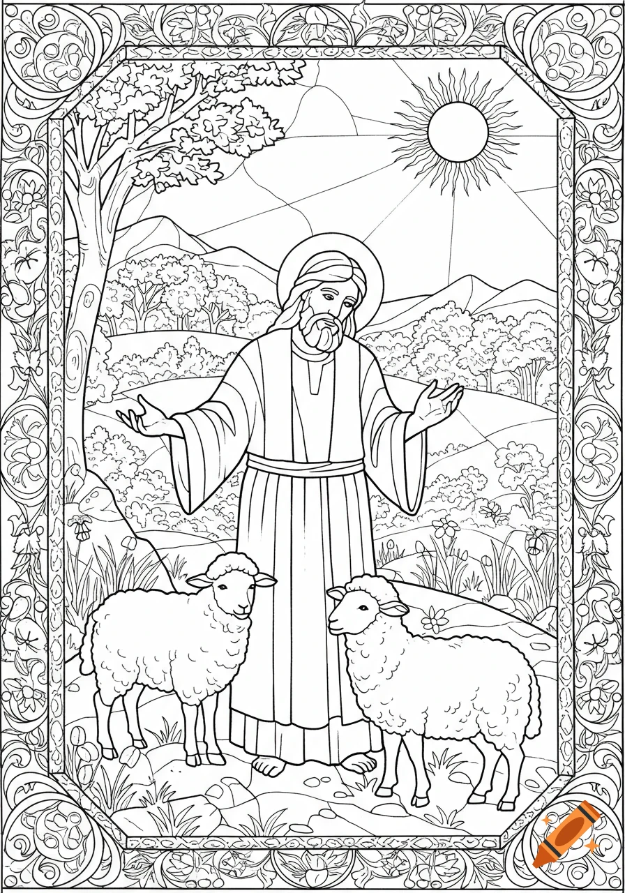 Black and white line art coloring page in stained glass style showing a figure resembling Jesus standing with two sheep in a landscape with a decorative border.