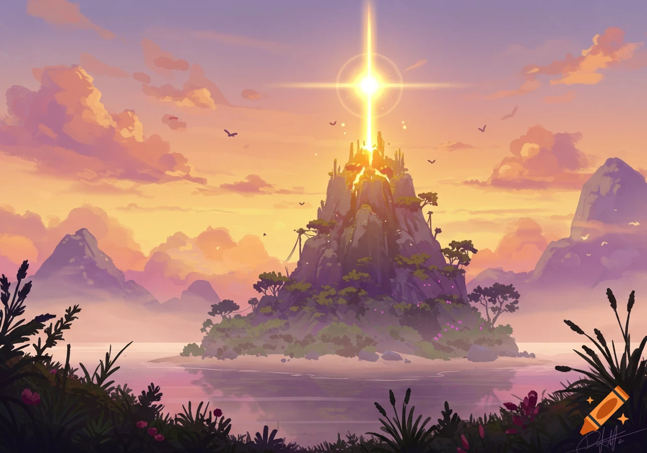 A bright star rises from a glowing fantasy island mountain at sunrise, with colorful clouds and birds.