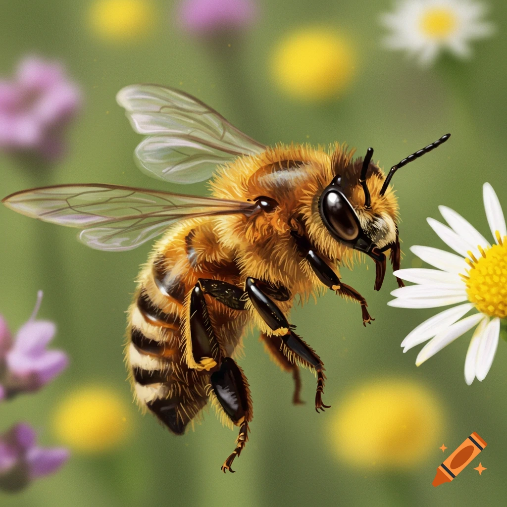A honey bee in flight near daisy and lavender flowers, detailed digital illustration.