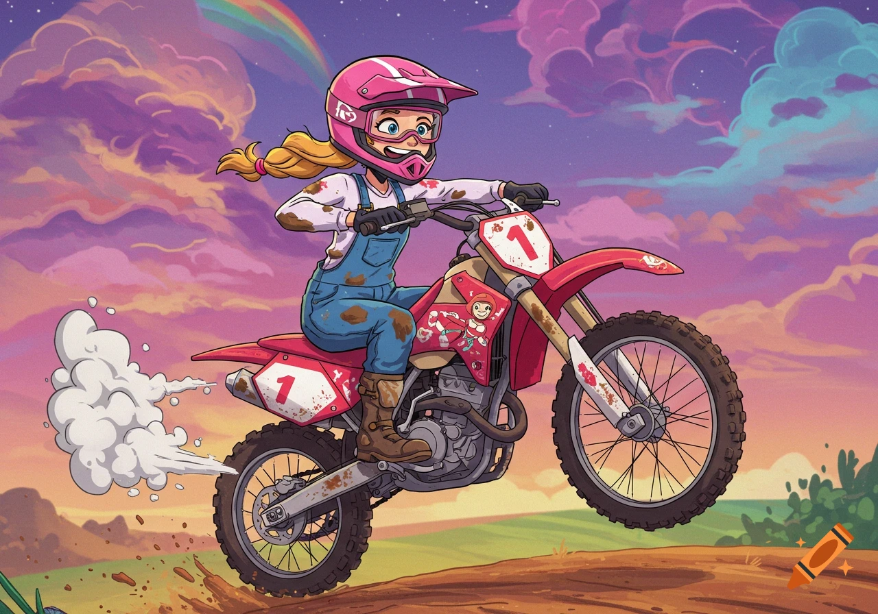 Cartoon girl in a pink helmet rides a red dirt bike kicking up dirt under a rainbow sky.