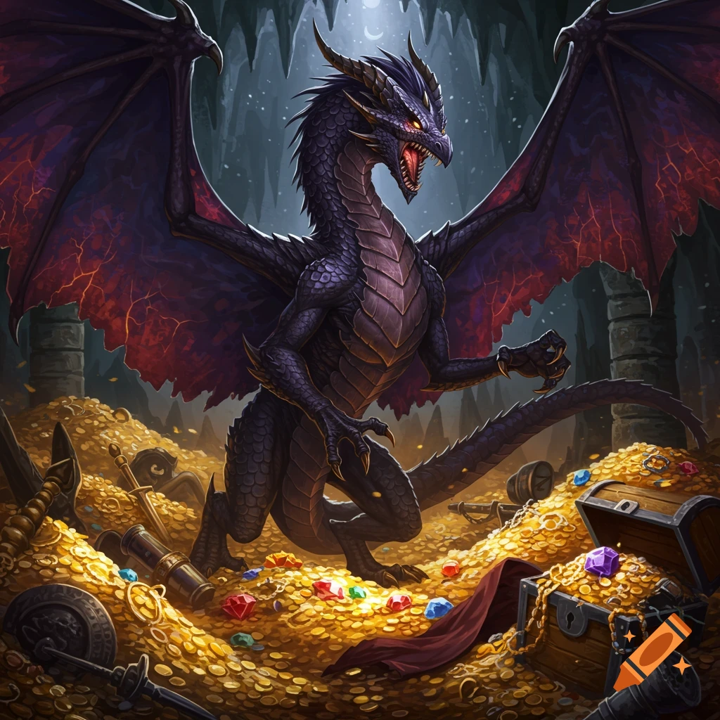 A fearsome dark dragon guards a massive hoard of gold coins and gems in a dark cave.