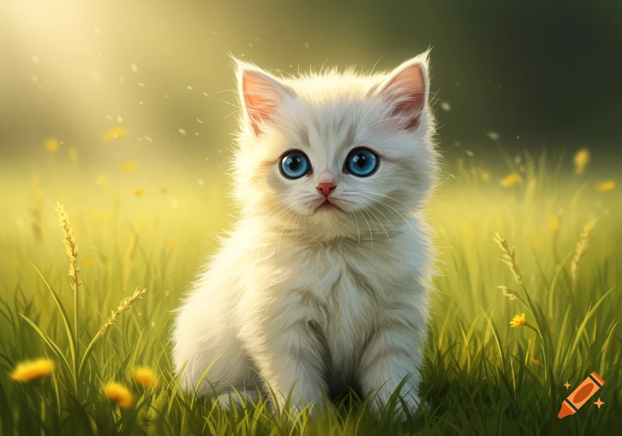 Cute fluffy white kitten with big blue eyes sitting in a grassy field ...