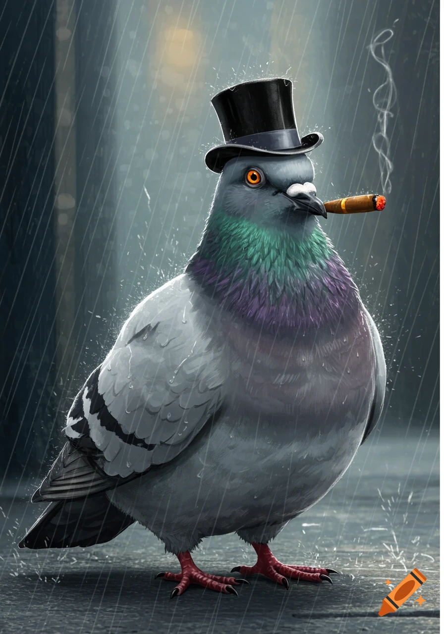 An illustration of a pigeon wearing a top hat and smoking a cigar while  standing in the rain. on Craiyon