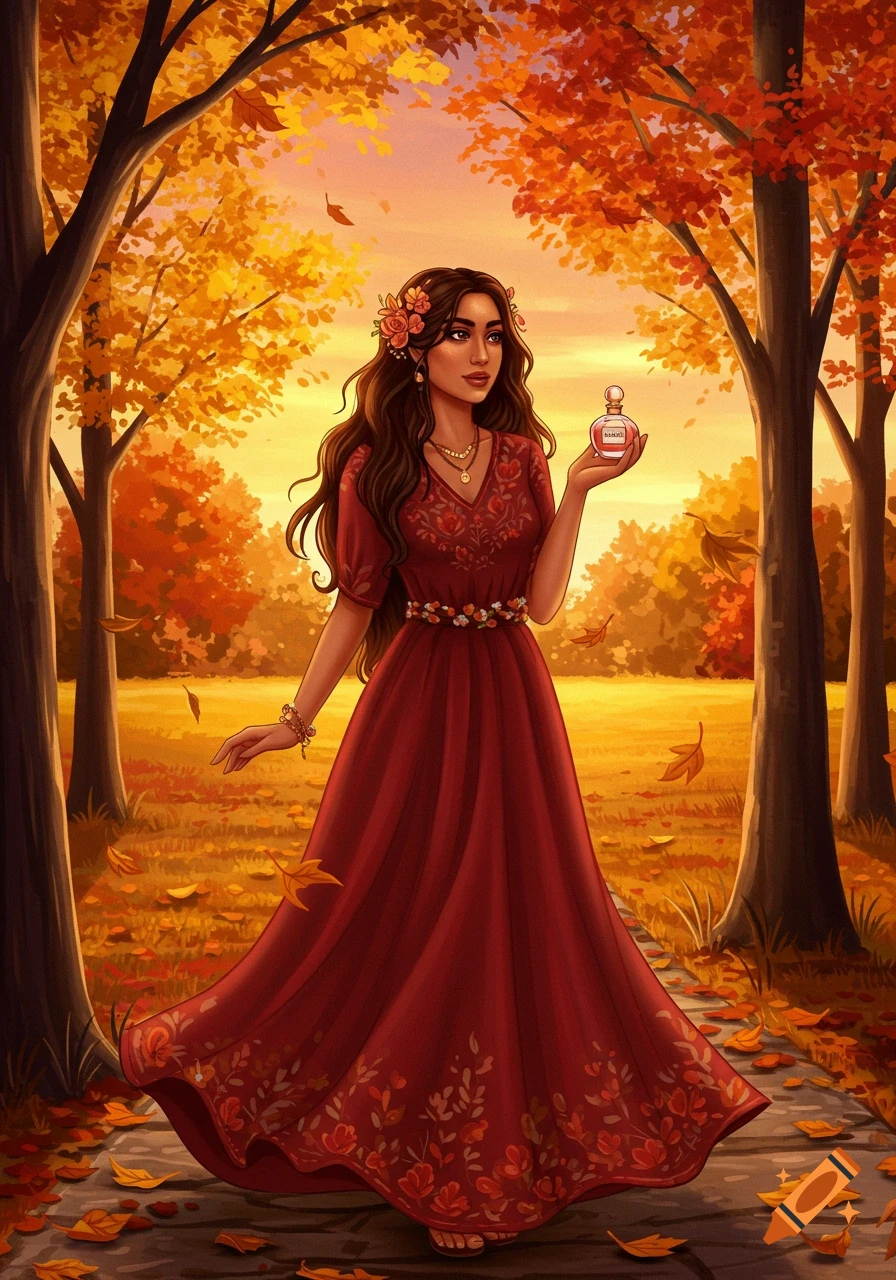 Woman in red dress holding perfume bottle in autumn forest