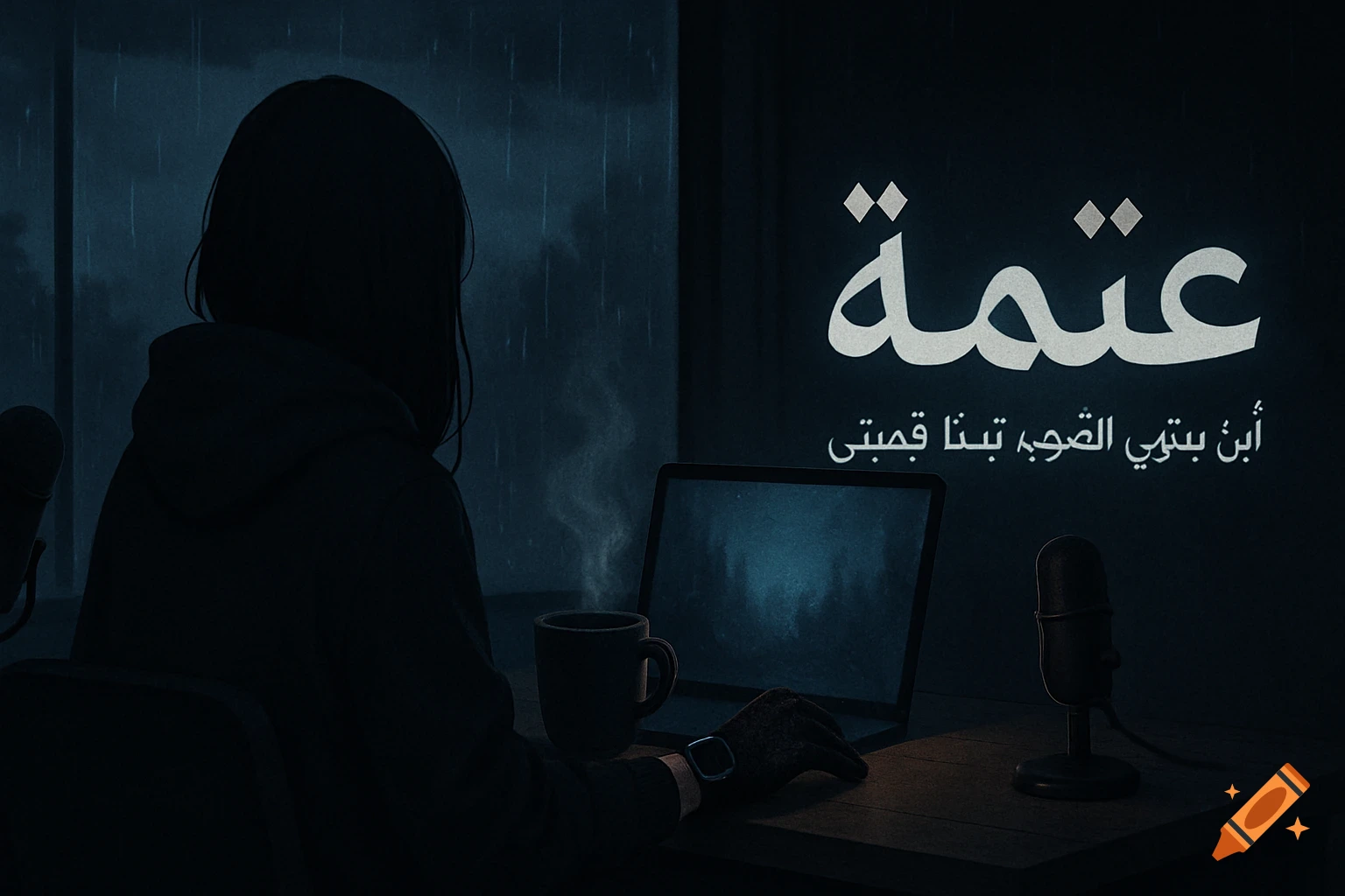 Digital art of person from behind at a desk with laptop, microphone, steaming mug in a dark room with rain outside. Arabic text on wall.