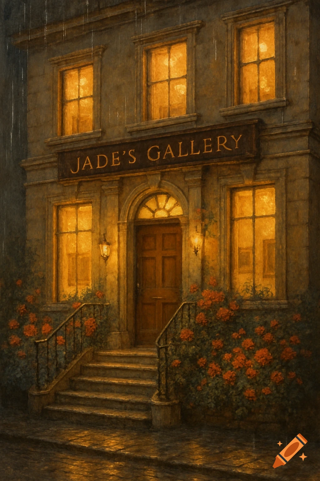 Painting of a classical art gallery exterior in the rain, with stairs leading to the door and a sign reading "Jade's Gallery".