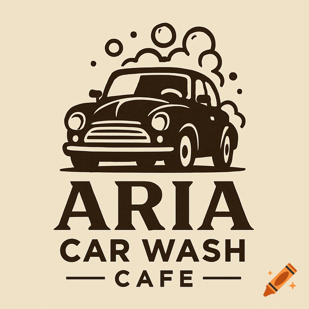 Logo featuring a vintage car with bubbles above the text 'ARIA CAR WASH CAFE'.