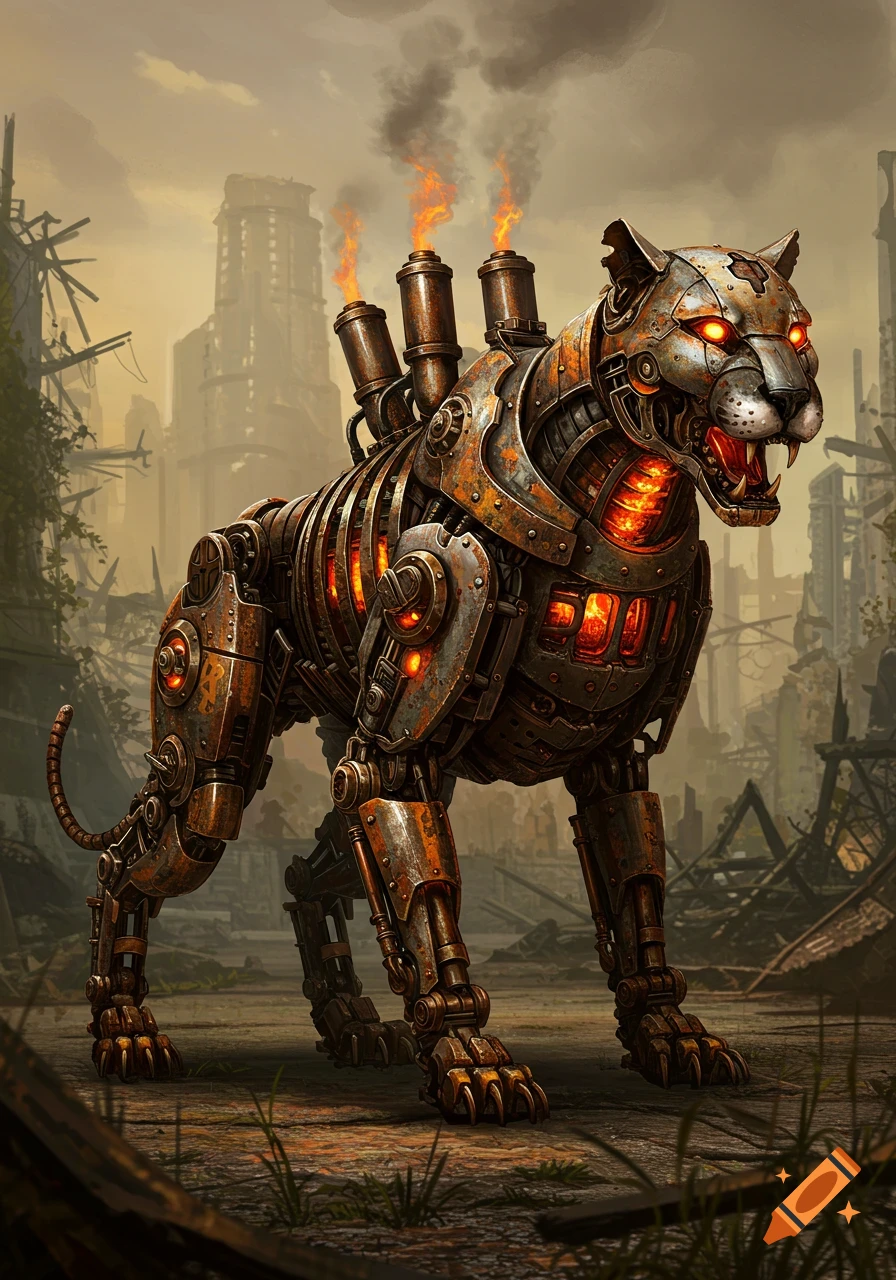 A steampunk mechanical puma made of rusty metal, standing in a ruined city.