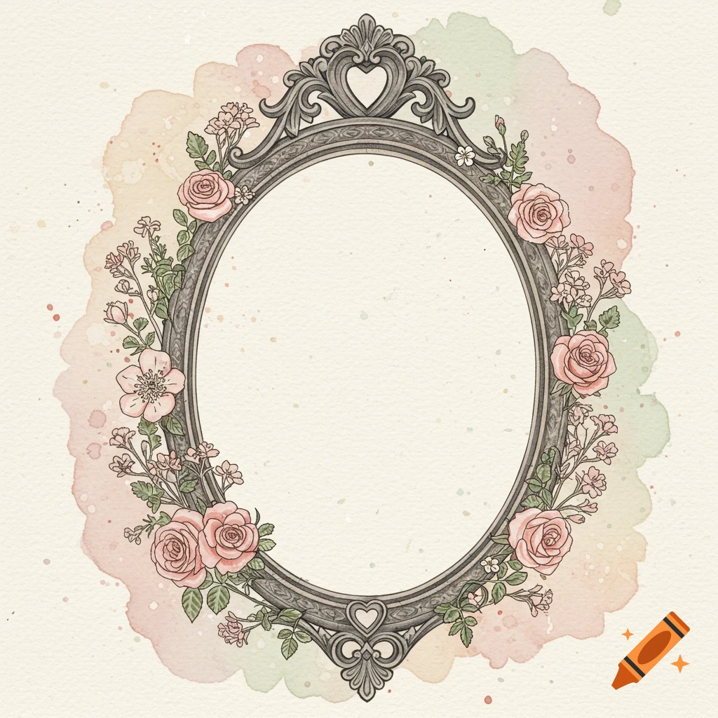 Gothic oval frame with roses and wildflowers against a watercolor background.