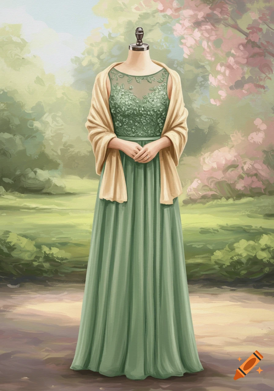 A green bridesmaid dress with a champagne shawl on a mannequin in a garden, illustration style.