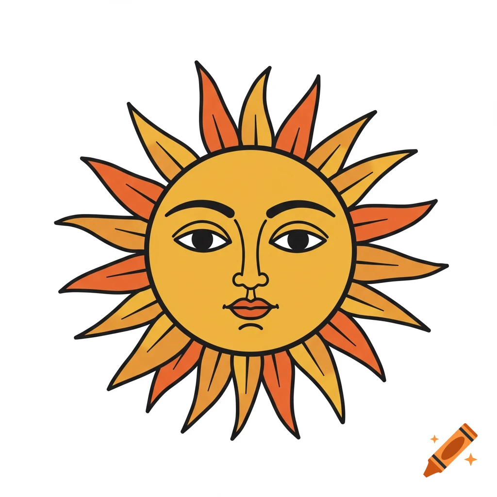 Stylized illustration of a sun with a human face