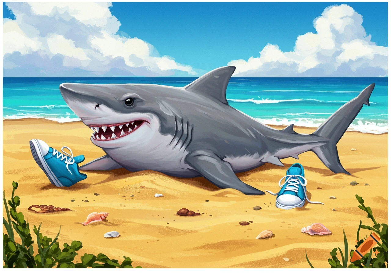 Cartoon shark in blue sneakers on a sandy beach with seashells and plants.