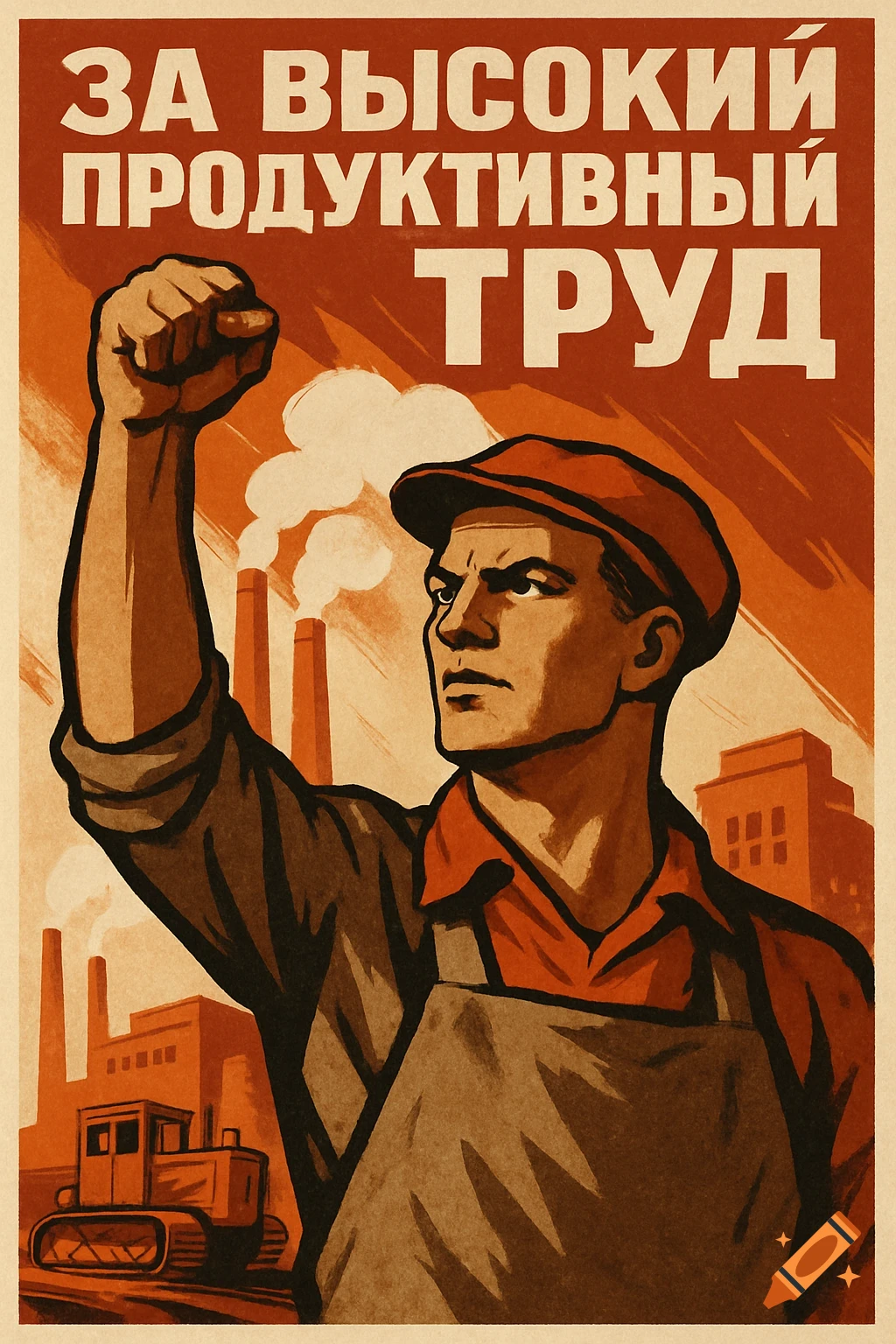 Soviet propaganda poster of worker raising fist, factories in background, Russian text